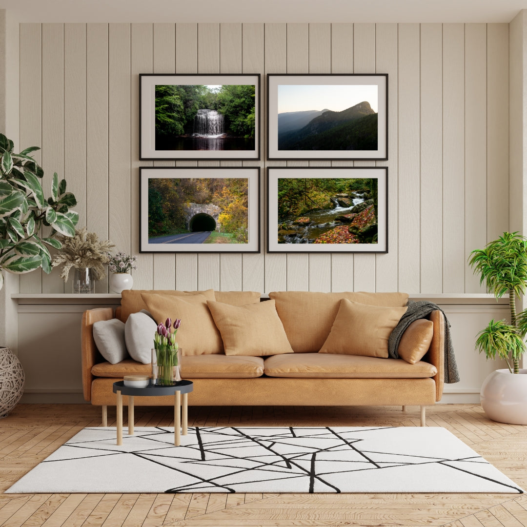 Living room with a brown sofa, decorative pillows, and framed nature photos on the wall.